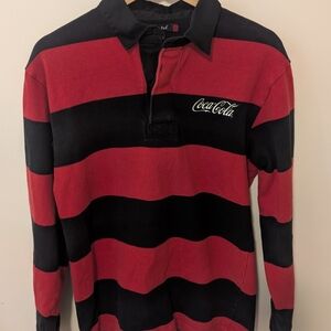 Coca-Cola Red and Black Striped Rugby Shirt Men's Size Small